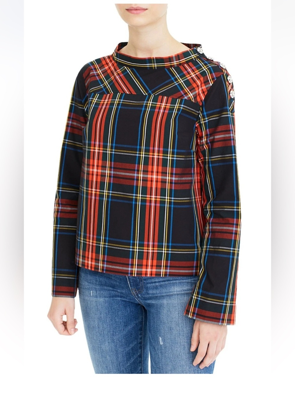 J Crew Holiday Plaid Blouse Crystal Button Long Sleeve Tunic Size 2 Womens